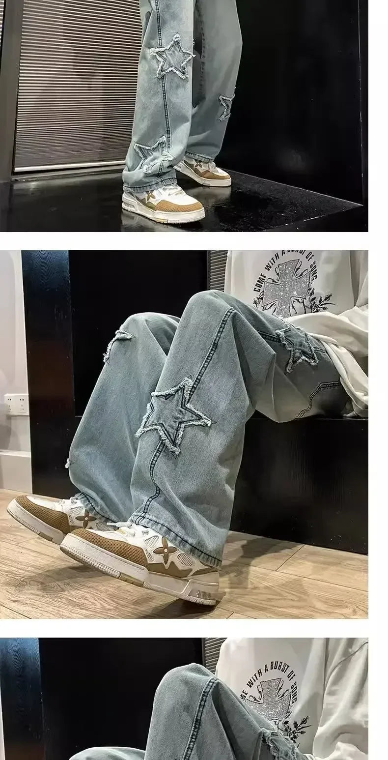 Estrelas Patchwork Homens Jeans Nova Moda Y2K Tassel Pants Coréia Roupas Em Linha Reta Hip Hop Emenda Calças Masculinas Streetwear