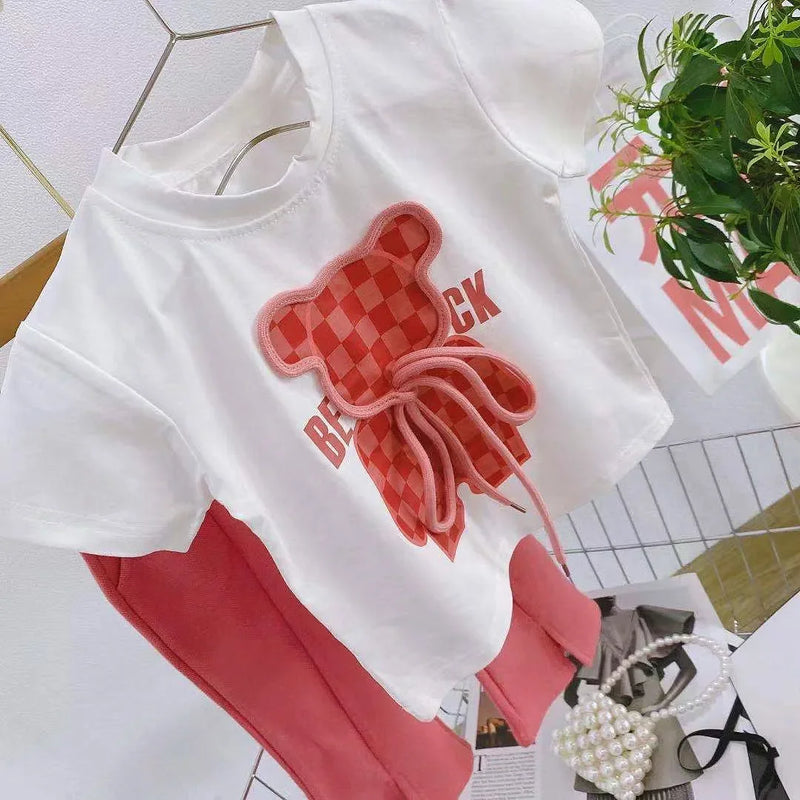 Conjunto de roupas de verão para bebês meninas Camiseta de urso dos desenhos animados infantil e calças largas Terno Crianças de manga curta Top Bottom Tracksuit