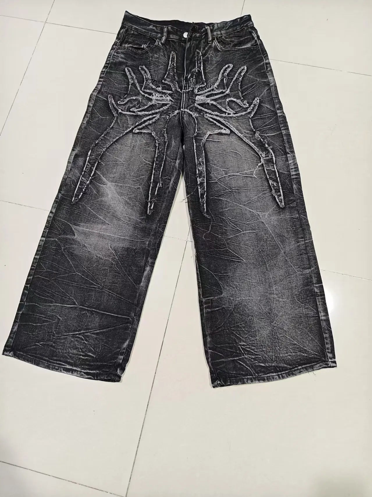 Gótico Retro Oversized Baggy Fit Unisex Mopping Pants Y2K Phantom Jeans High Street Spider Bordado Patch Hip Hop Streetwear