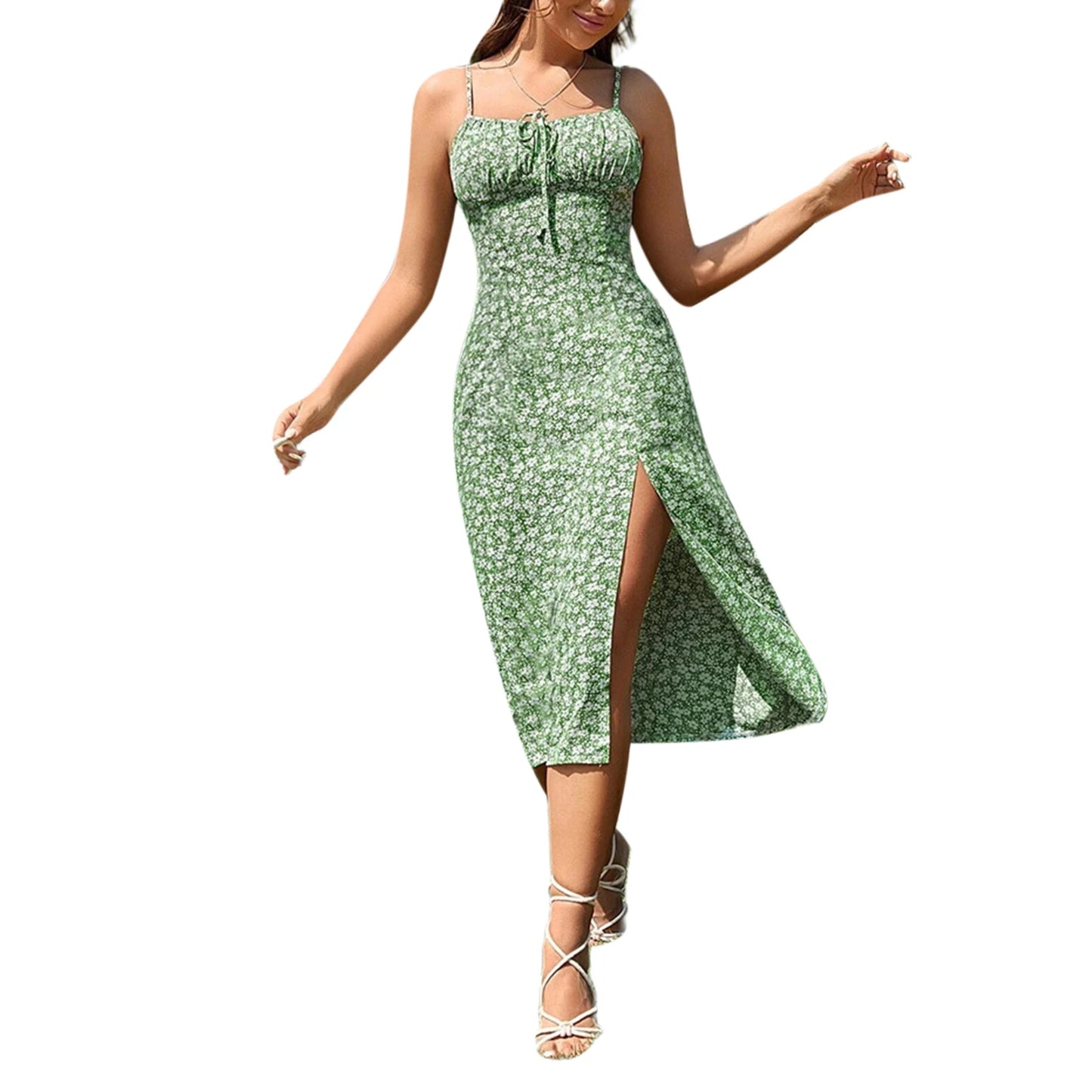 Roupas Femininas Verão 2024 Tendência Vestido Floral, Estampa de Flores Alças Finas Sem Mangas com Fenda Alta para Senhoras