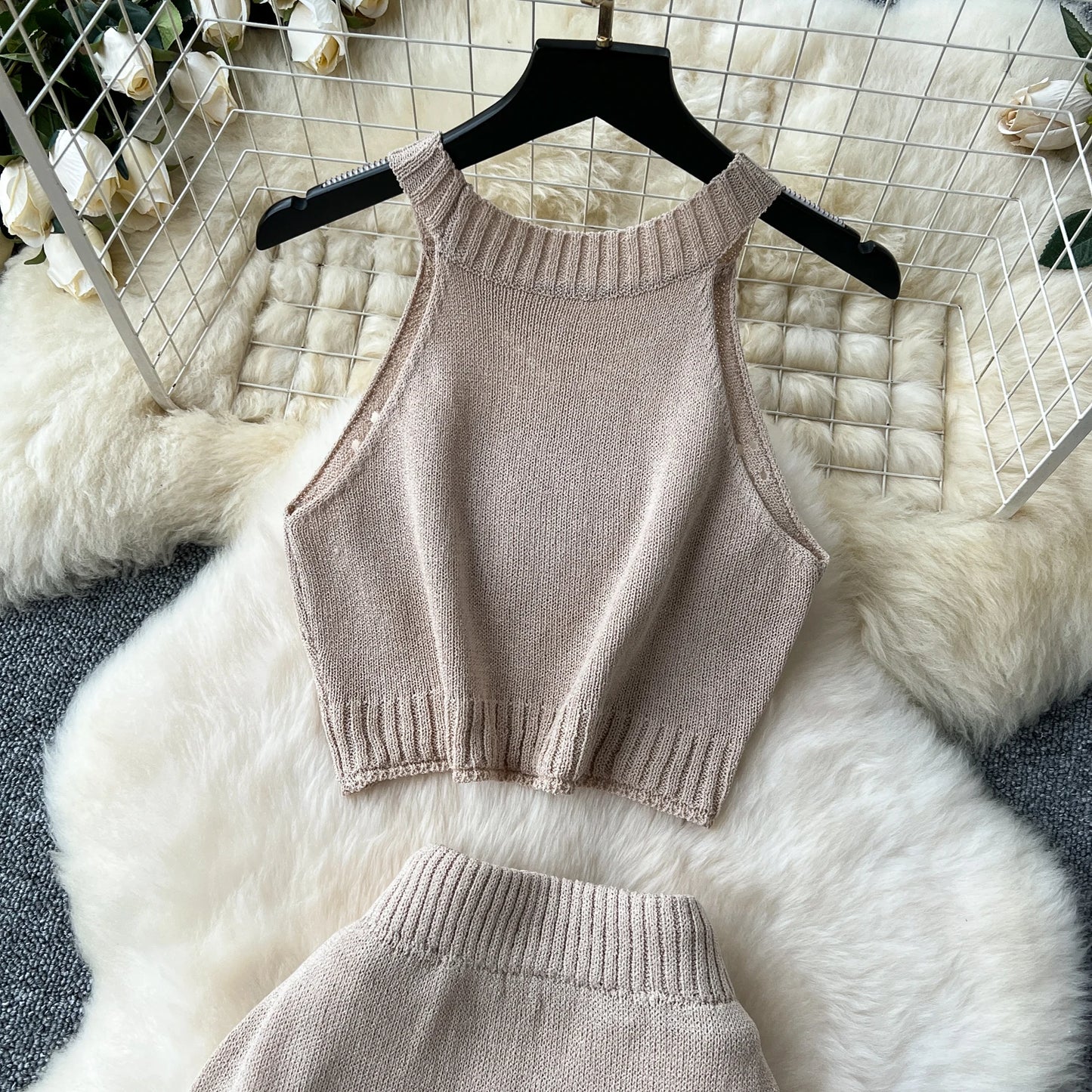 SINGREINY Verão Suave Malha 2 pcs Conjuntos Mulheres Halter Sem Mangas Camis + Bodycon Split Saia Com Cordão Oco Out Ternos De Férias