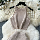 SINGREINY Verão Suave Malha 2 pcs Conjuntos Mulheres Halter Sem Mangas Camis + Bodycon Split Saia Com Cordão Oco Out Ternos De Férias