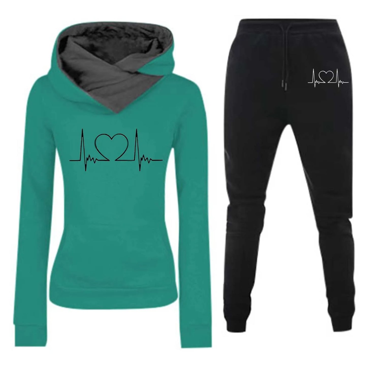 Mulheres Moletom Outono/Inverno Batimentos Cardíacos Frequência Impresso Veludo Moletom com Capuz Conjunto Casual