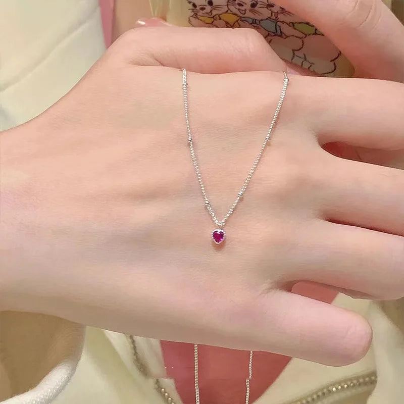 925 Colar de Prata Esterlina Pingente Para Mulheres Jóias Amor Colar Pequeno Mini Pingente de Coração Vermelho Simples Colar Em Forma de Coração
