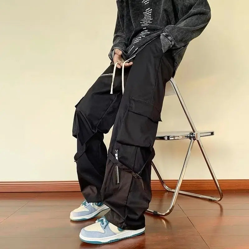 Calças Cargo Verdes Masculinas Oversize Zíper Preto Calças Cargo Masculinas Streetwear Hip Hop Pocket Spring Solto Casual Workwear