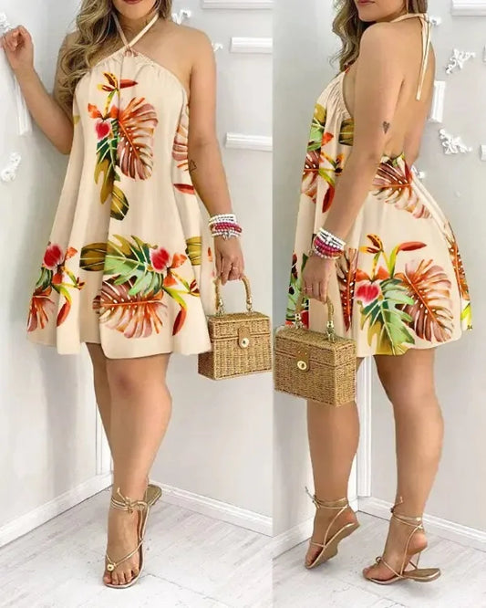 Vestido de Estampa Tropical com Decote Halter, Estilo de Férias Vestido Sem Costas para Primavera & Verão, Roupas Femininas