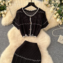 SINGREINY Verão Suave Ternos de Tricô Mulheres Botão Design Manga Curta O Pescoço Tops + Bodycon Saia Gancho Flor Oco 2pcs Set