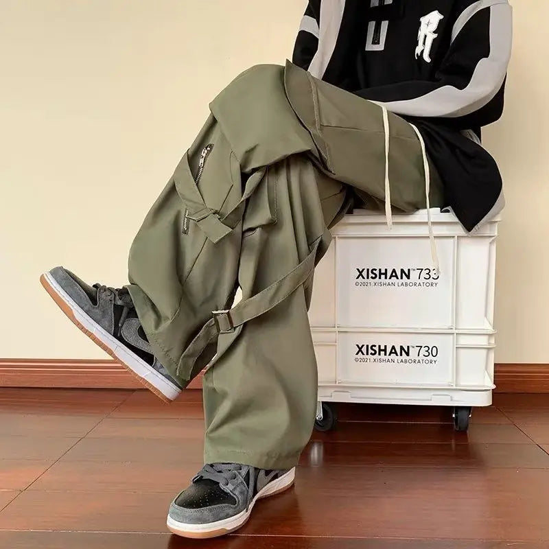 Calças Cargo Verdes Masculinas Oversize Zíper Preto Calças Cargo Masculinas Streetwear Hip Hop Pocket Spring Solto Casual Workwear