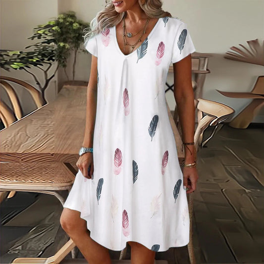 Vestidos com estampa de penas Mulheres Verão 2025 Roupas Manga Curta Decote em V Mini Vestido Elegante Boêmio Moda Vestido de verão Vestidos de praia