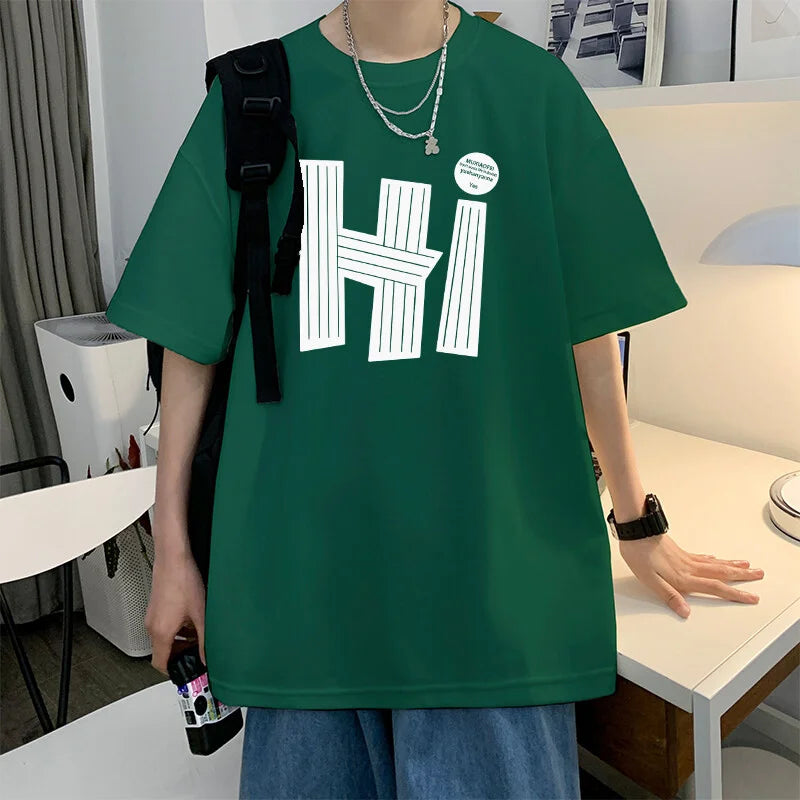 Camisetas masculinas Algodão 4XL Tamanho Grande Preto Masculino Verão Camiseta Oversized Letra Oi Impressão Casual Camisetas Roupas Masculinas