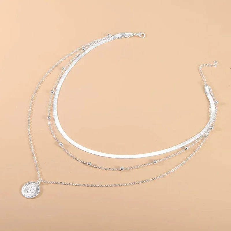 925 Sterling Silver Colar redondo de três camadas Simples Cobra Cadeia Charme Bola Cadeia Festa Presente de Casamento Jóias Requintadas Femininas
