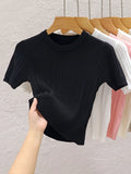 Camisetas de verão para mulheres Casual Feminino Coreano Malha Streetwear Tees Básico Sólido Jovem Cool Tops