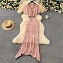 SINGREINY Verão Suave Ternos de Tricô Mulheres Botão Design Manga Curta O Pescoço Tops + Bodycon Saia Gancho Flor Oco 2pcs Set