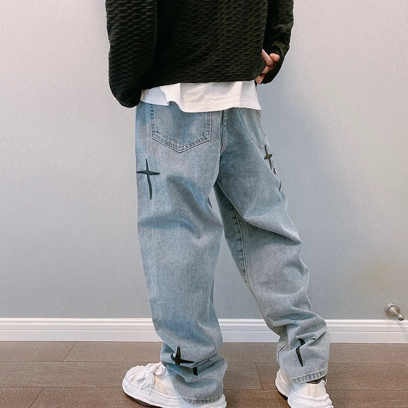 Estampas Jeans Homens 2023 Novo Streetwear Baggy Wide Leg Jeans Coreano Moda Cortinas Reta Casual Solta Denim Cargo Calças