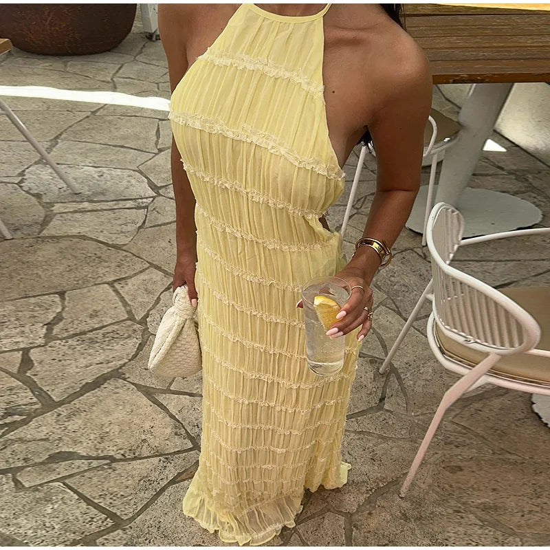 Elegante Plissado Halter Vestidos Longos Mulheres Retro Sexy Slim Sem Mangas Sem Encosto Vestido de Praia Feminino Chic Party Holiday Vestidos