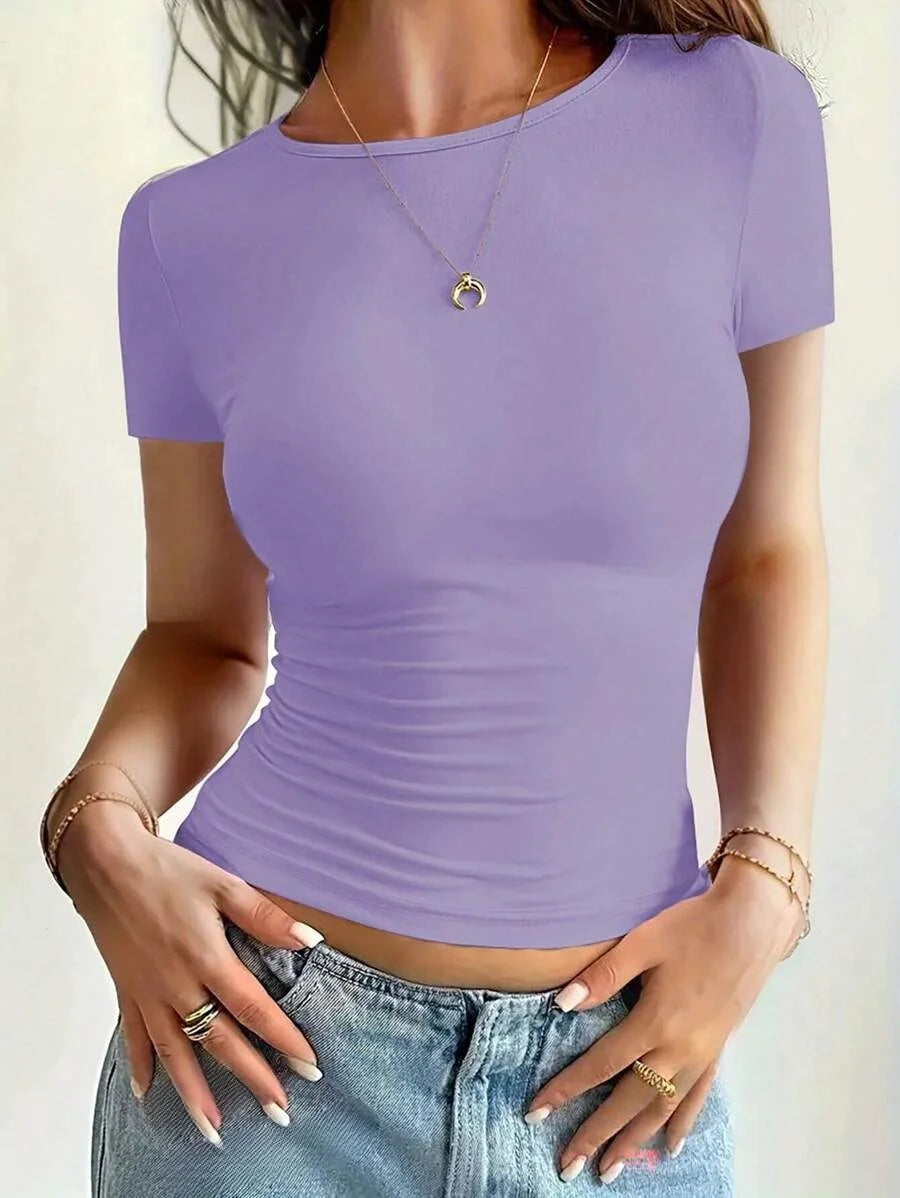 Camisetas Femininas Básicas Decote Redondo Manga Curta Tops Curtos Tops Fofos de Verão Camisetas Slim Fit Y2k Roupas 2024