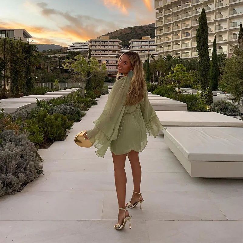 Mulheres elegantes verde irregular babados soltos mini vestido moda o pescoço manga cheia vestidos curtos primavera verão chique vestidos de senhora