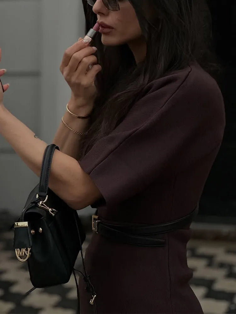 2025 Chic Splicing Brown Meia Manga Maxi Vestido Feminino Casual Plissado A Linha Slim Vestidos Femininos Escritório Comutar Vestes de Rua