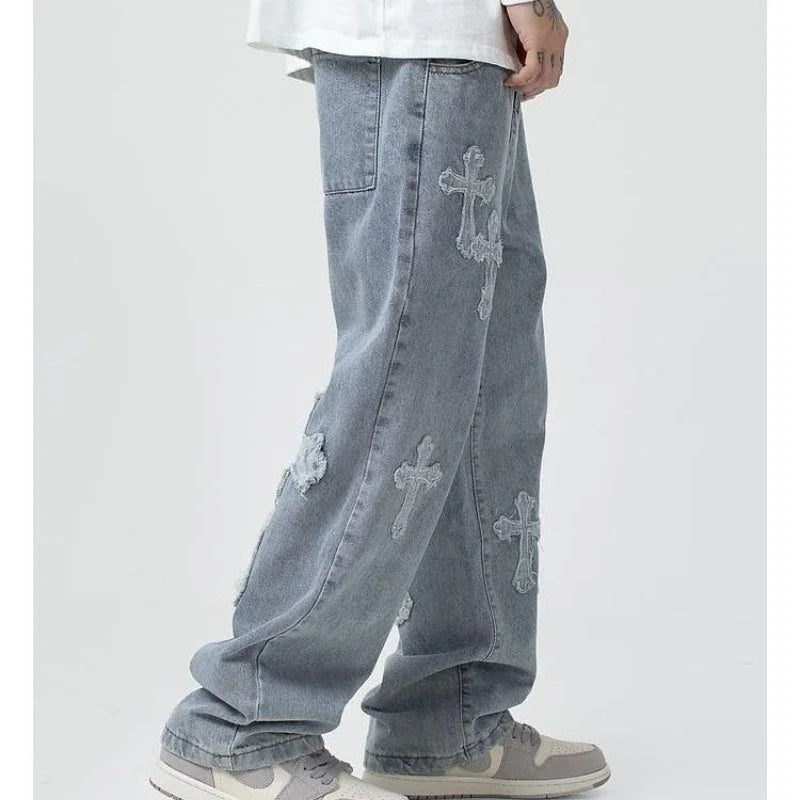 Calças da moda outono calças jeans cruzadas streetwear hip hop cintura baixa jeans largas para coreano Y2k calças cargo femininas