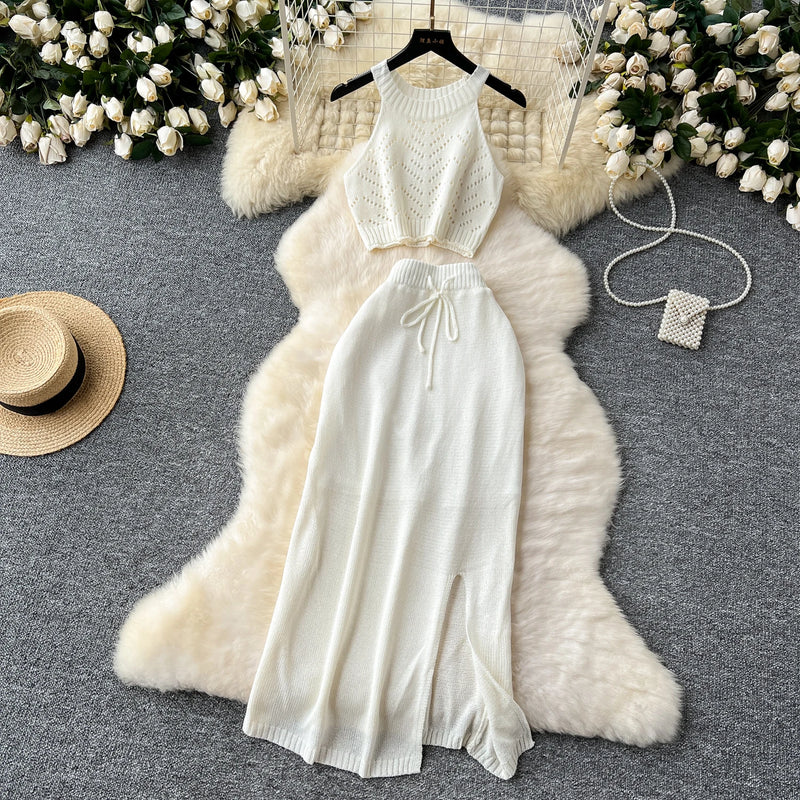 SINGREINY Verão Suave Malha 2 pcs Conjuntos Mulheres Halter Sem Mangas Camis + Bodycon Split Saia Com Cordão Oco Out Ternos De Férias