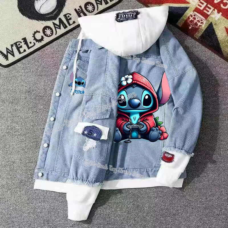 Lilo&stitch Hip Hop Jaquetas Jeans com Capuz para Homens Roupas Femininas Outono Inverno Jaqueta Masculina Patchwork Jaqueta Jeans Streetwear Roupas