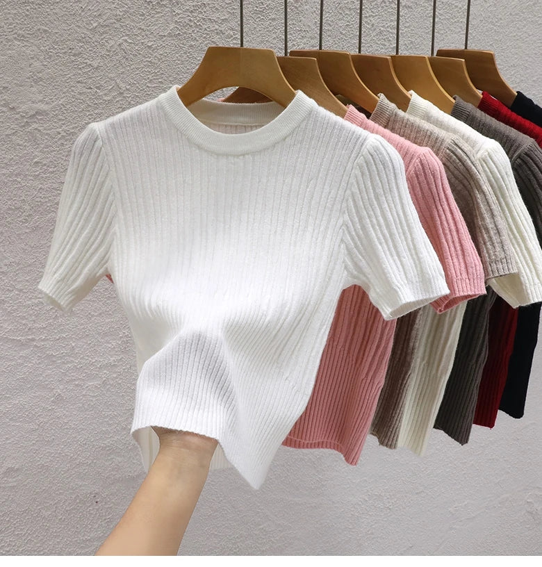 Camisetas de verão para mulheres Casual Feminino Coreano Malha Streetwear Tees Básico Sólido Jovem Cool Tops