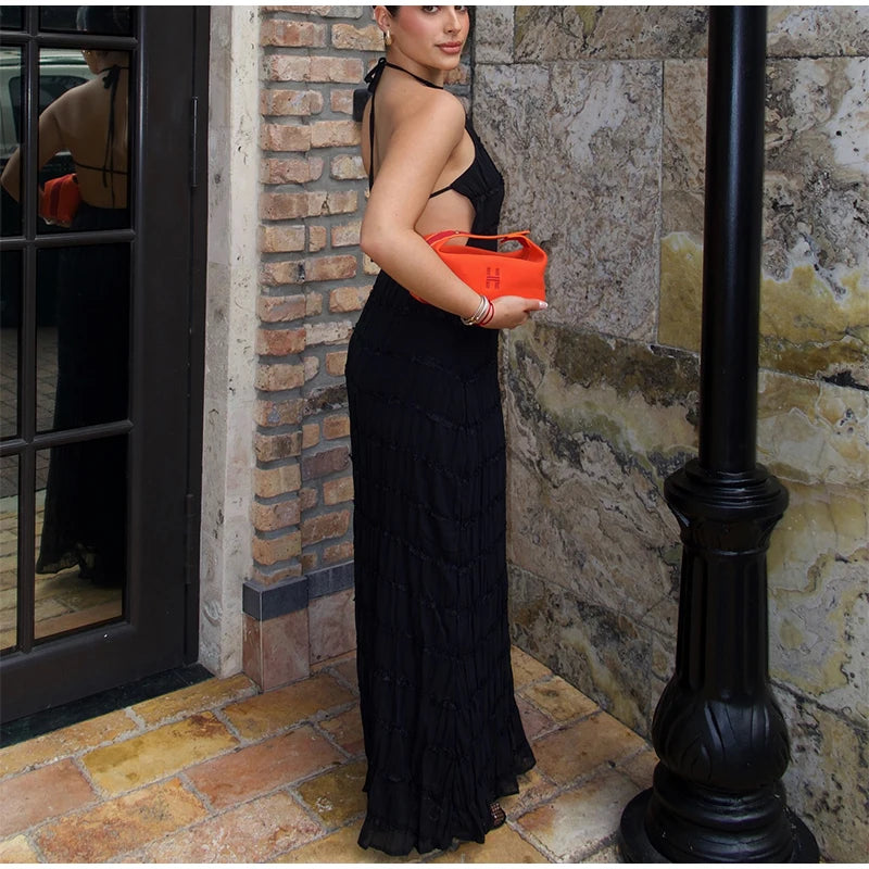 Elegante Plissado Halter Vestidos Longos Mulheres Retro Sexy Slim Sem Mangas Sem Encosto Vestido de Praia Feminino Chic Party Holiday Vestidos