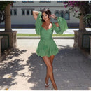 Moda Feminina Chiffon Plissado Lace Up Cintura Alta Mini Vestido Chic Verde Oco Out Manga Cheia A Linha de Vestidos Senhora Vestes de Praia