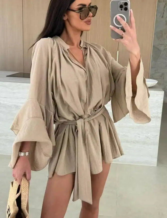 Elegante Plissado Vestido Curto Mulheres Solto Lace Up Manga Longa Flare V Neck Vestidos Feminino 2025 Primavera Oco Out Praia Robe Senhora