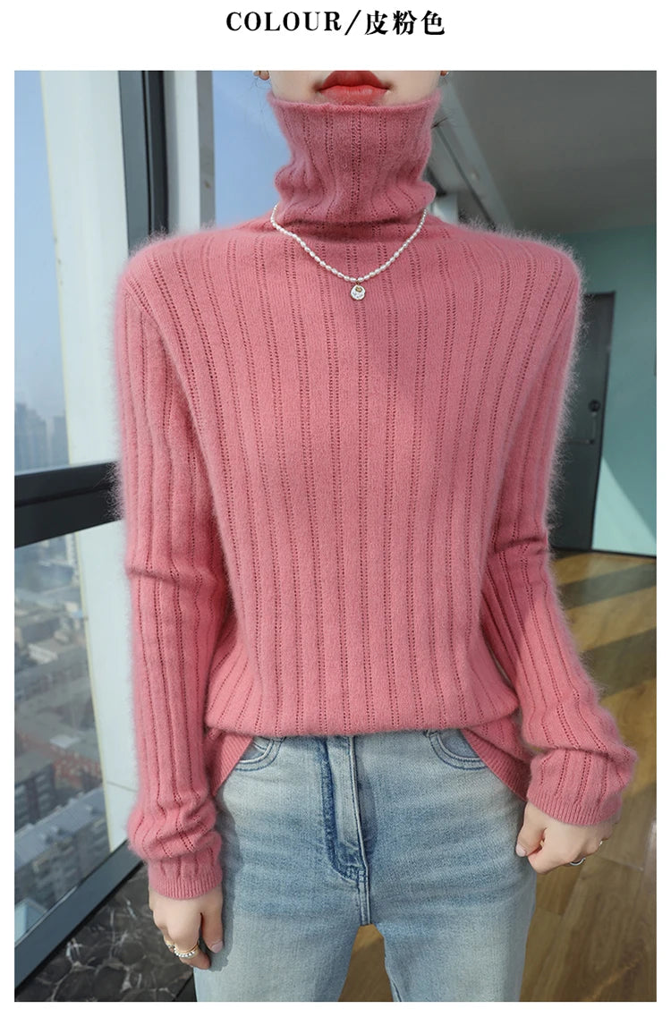 Pilha pescoço camisola mulheres 2025 outono einverno novo 100% puro vison cashmere camisola moda feminina malha pulôver de manga comprida
