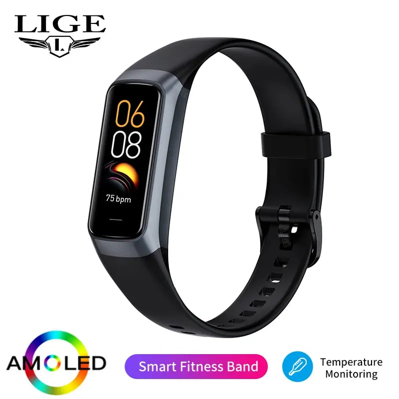 LIGE Amoled Relógio Inteligente Masculino 2023 Banda Inteligente Mulheres Frequência Cardíaca Sangue Smartwartch Pulseira Inteligente À Prova D'Água Rastreador de Fitness Esportivo