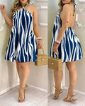 Vestido de Estampa Tropical com Decote Halter, Estilo de Férias Vestido Sem Costas para Primavera & Verão, Roupas Femininas