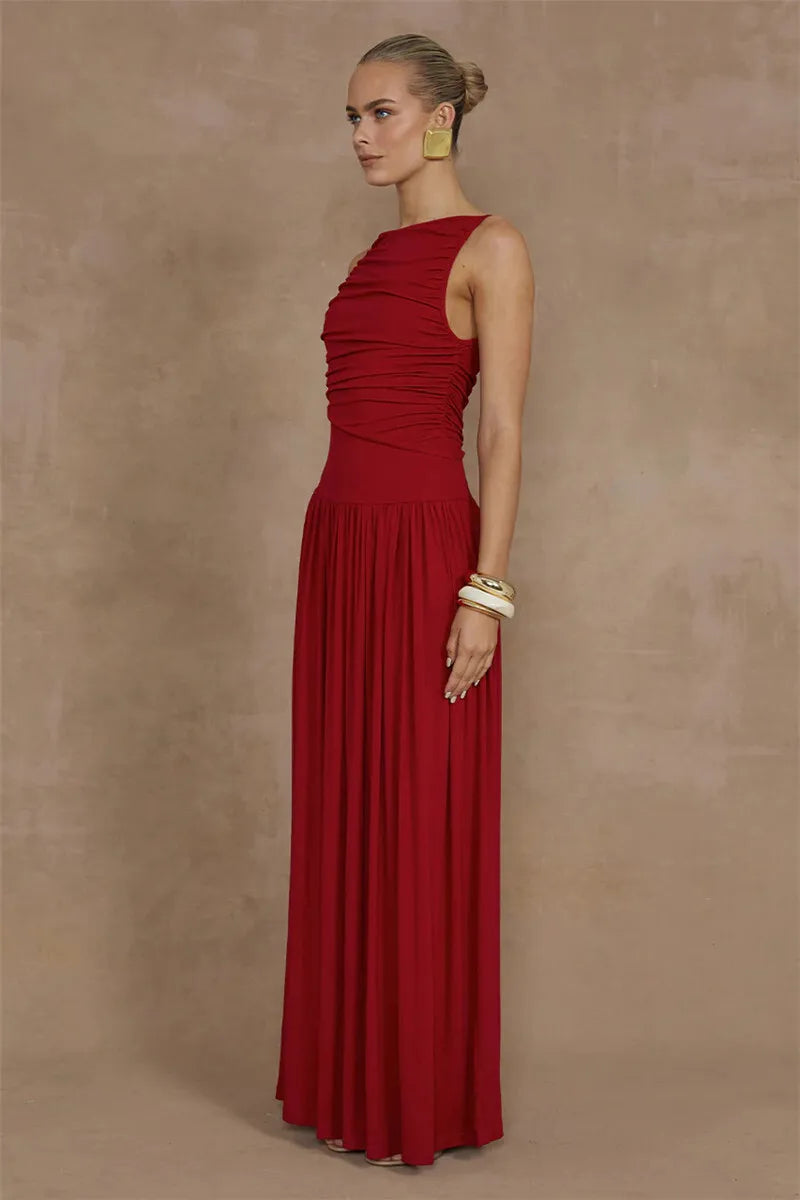 Mozision Elegante Sem Mangas Maxi Vestido Para As Mulheres Moda Sólida Barco Pescoço Tanque Vestidos Senhoras Sexy Ruched Vestido Longo Novo Vestido