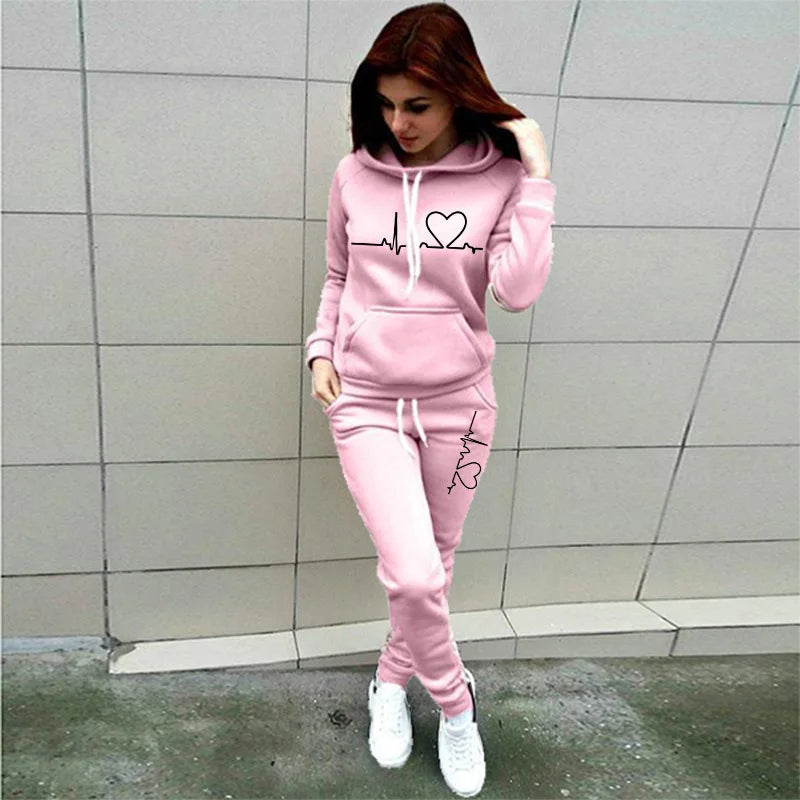 Outono e inverno moda feminina europeu e americano amor impresso velo esportes conjunto para mulheres