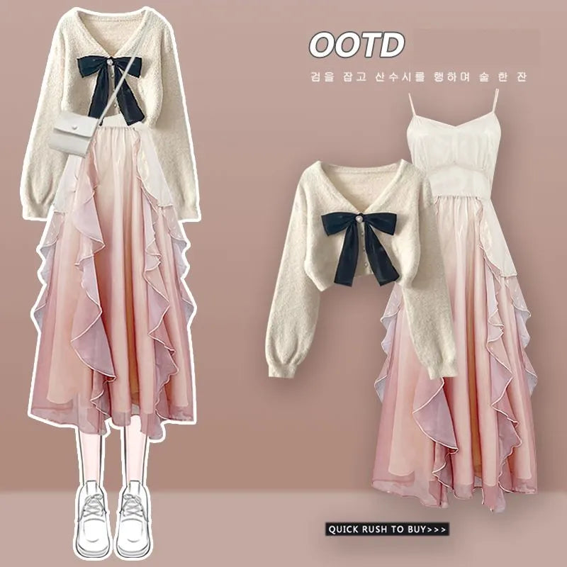 Primavera Outono Novas Suéteres de Malha Femininas Duas Peças 2025 Coreano Elegante Arco Cardigan Strap Saia Conjunto Correspondente Roupas Femininas