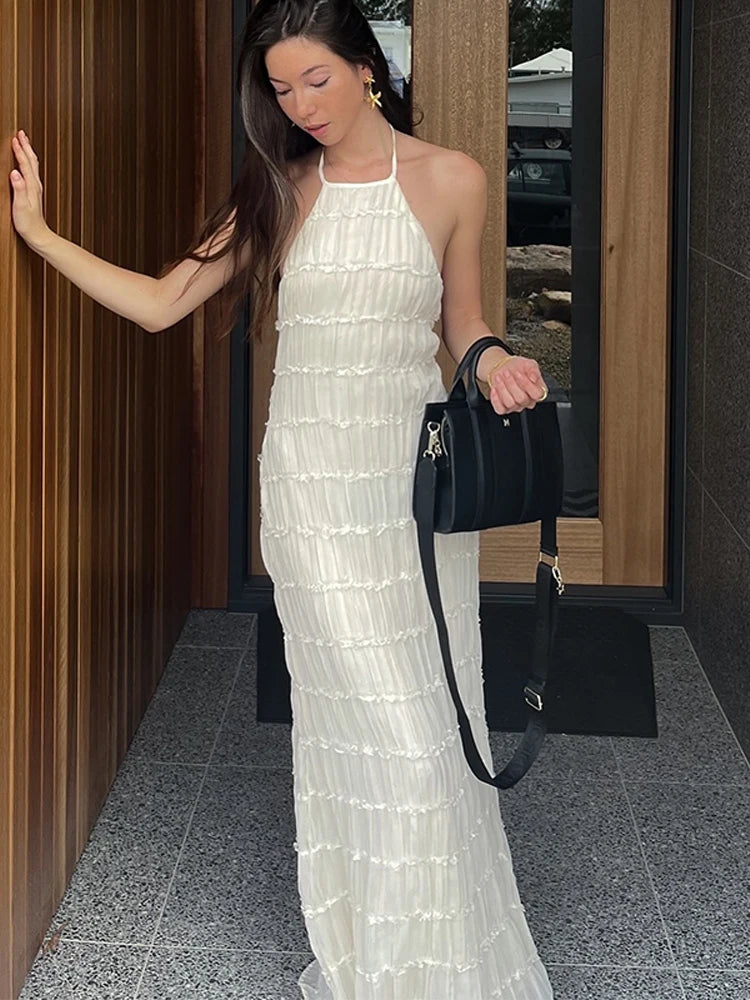 Elegante Plissado Halter Vestidos Longos Mulheres Retro Sexy Slim Sem Mangas Sem Encosto Vestido de Praia Feminino Chic Party Holiday Vestidos