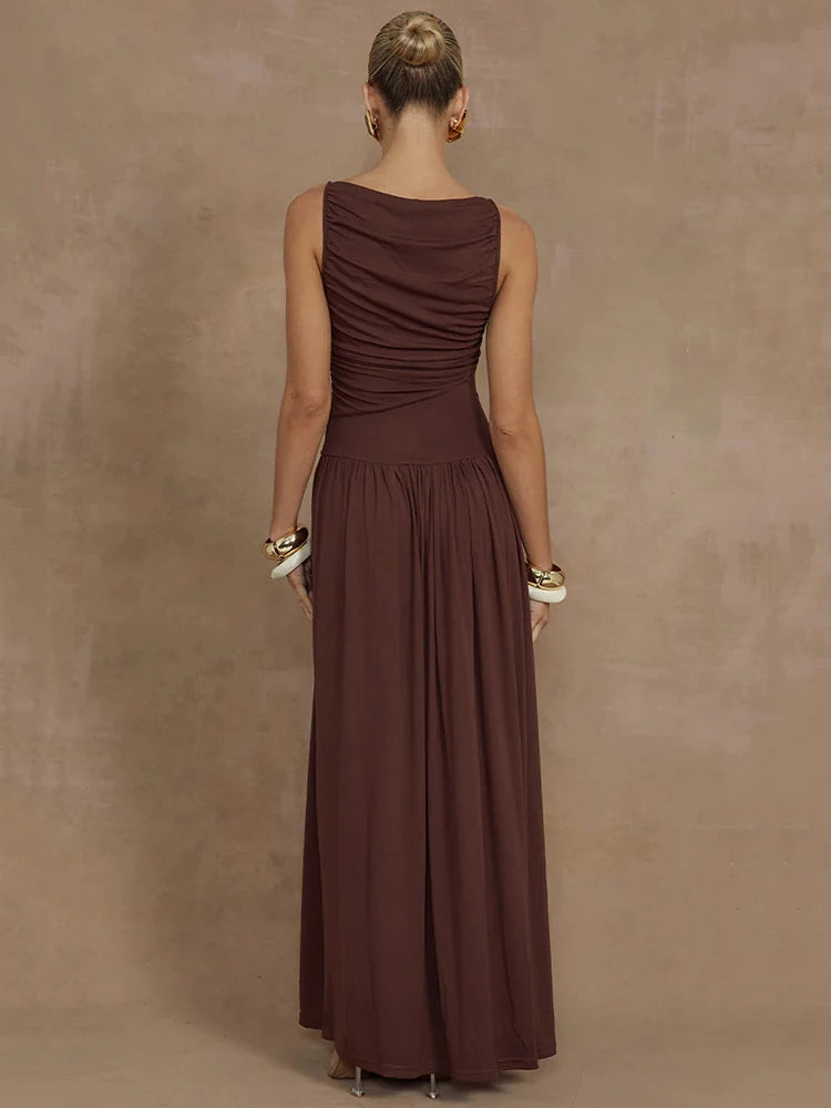 Mozision Elegante Sem Mangas Maxi Vestido Para As Mulheres Moda Sólida Barco Pescoço Tanque Vestidos Senhoras Sexy Ruched Vestido Longo Novo Vestido