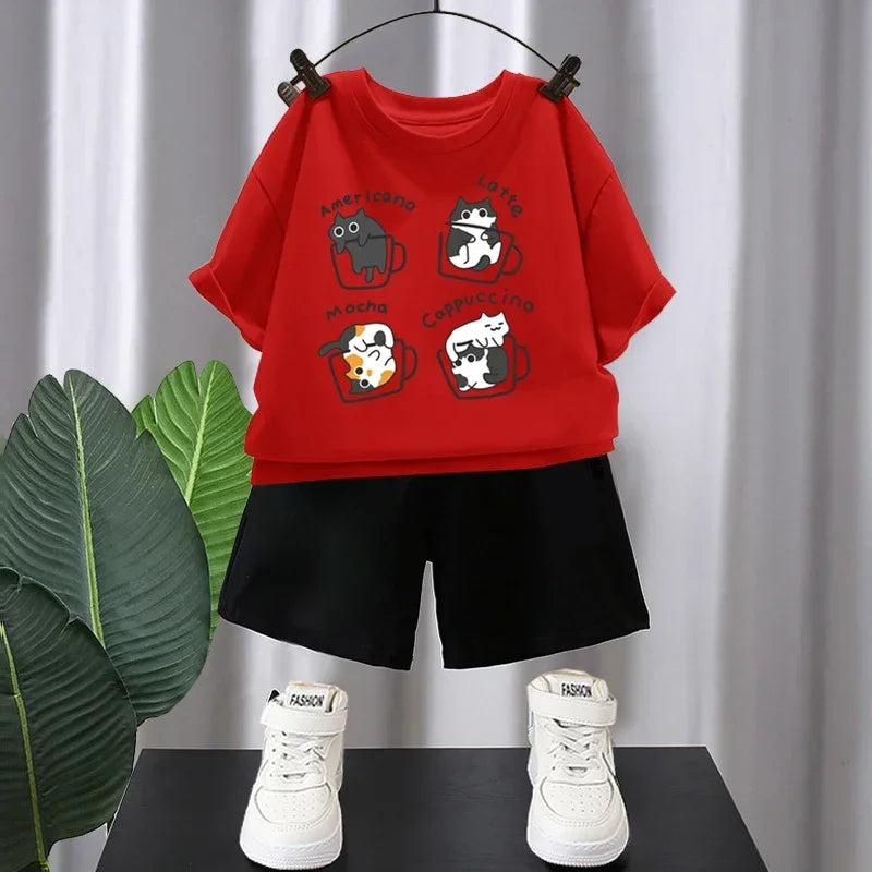 Verão Meninos Algodão T-shirts 5-12T Café Gatos Impresso Tops Cool Kids Tees Manga Curta Crianças Tops de Alta Qualidade Roupas Infantis