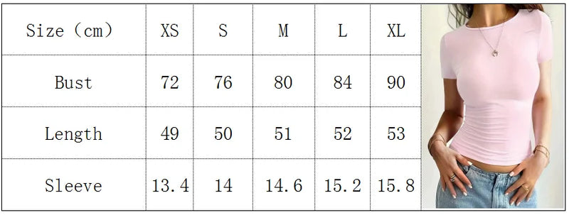 Camisetas Femininas Básicas Decote Redondo Manga Curta Tops Curtos Tops Fofos de Verão Camisetas Slim Fit Y2k Roupas 2024