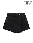 TRAF Verão Feminino Novo Jeans Moda Street Wash Jeans Botão Frontal Mini Saia Sexy Slim Blue Jeans Saia Centenas de Calças