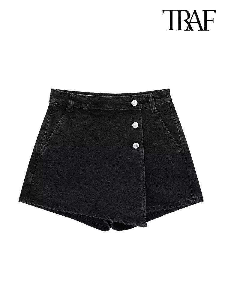 TRAF Verão Feminino Novo Jeans Moda Street Wash Jeans Botão Frontal Mini Saia Sexy Slim Blue Jeans Saia Centenas de Calças