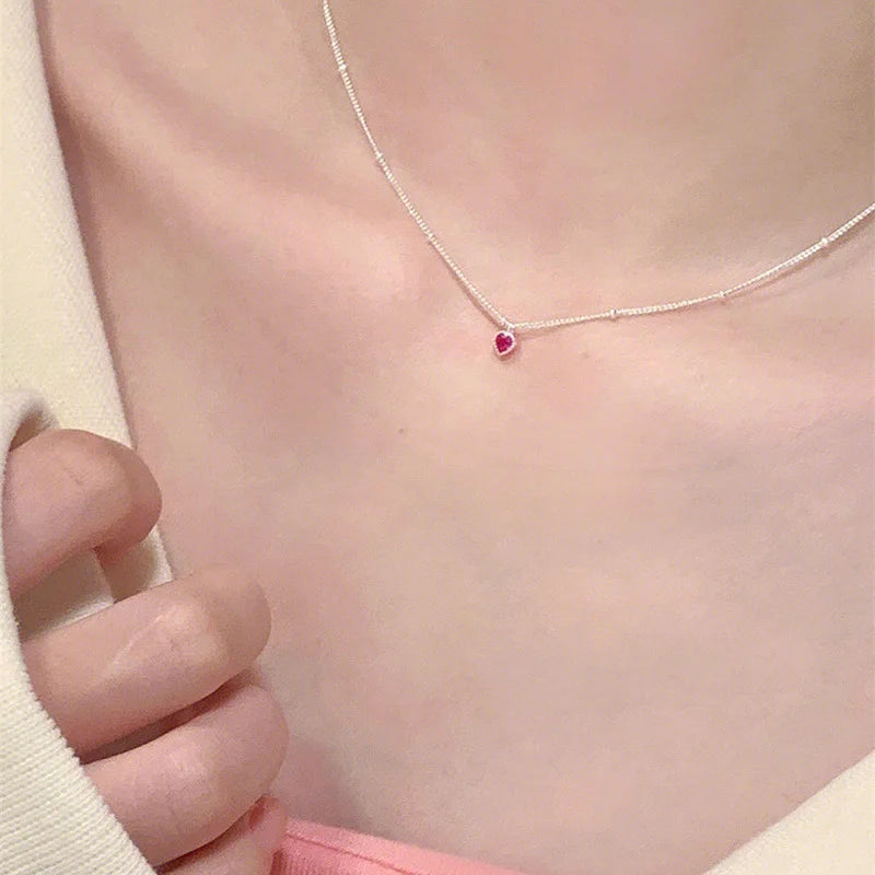 925 Colar de Prata Esterlina Pingente Para Mulheres Jóias Amor Colar Pequeno Mini Pingente de Coração Vermelho Simples Colar Em Forma de Coração