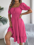 Mulheres Vestidos Pequenos 2024 Verão Casual Decote Quadrado Manga Curta Cintura Vestido de Borda com Babado Mulheres Elegante