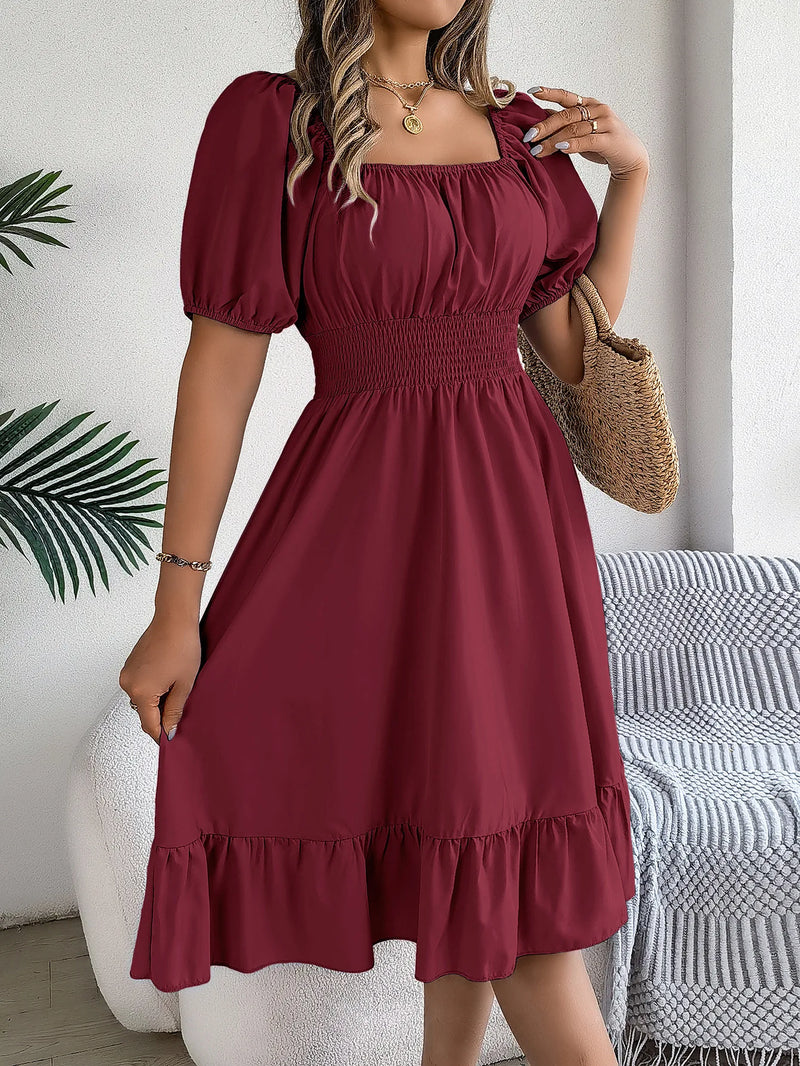 Mulheres Vestidos Pequenos 2024 Verão Casual Decote Quadrado Manga Curta Cintura Vestido de Borda com Babado Mulheres Elegante