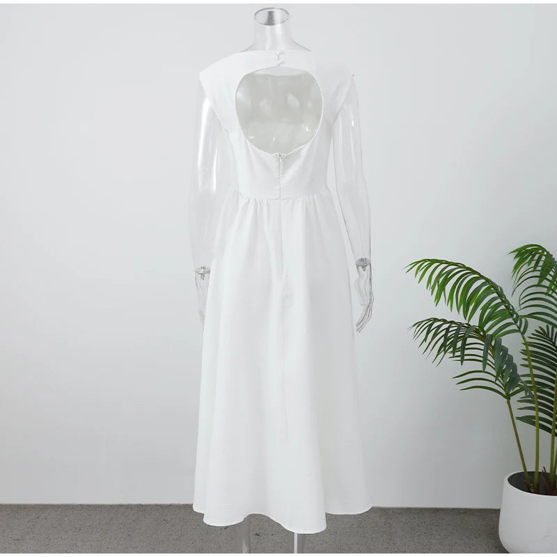 Elegante Branco Plissado A Linha Grande Hem Vestido de Festa Moda Feminina Slash Neck Slim Backless Vestidos 2025 Vestes Femininas Do Clube Verão