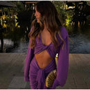 Vestido Maxi Fino Roxo Oco Out Mulheres Elegante Decote Em V Profundo Plissado Manga Cheia Vestidos Longos 2024 Vestes De Festa Da Senhora Da Moda