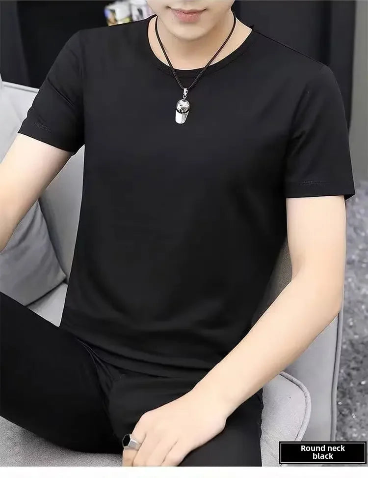Camiseta masculina de verão estilo coreano Slim Fit de manga curta 140g blusa de poliéster suaviza sua silhueta Cor sólida Camada de base Top
