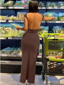 Coreano Sólido Sexy Backless Maxi Vestido Mulheres Elegante Elástico Slim Manga Curta Vestidos Longos Feminino Bodycon Streetwear Roupas