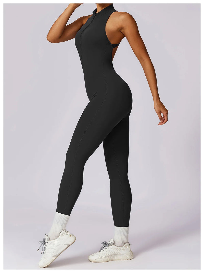 V Voltar Terno De Uma Peça Das Mulheres Macacão Esportivo Zíperes Yoga Macacão Backless Sportswear Mulheres Sleeveles Workout Bodysuits Feminino