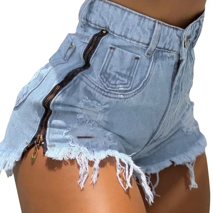 Denim Rasgado Shorts Mulheres Buraco Jeans Duplo Lado Dividido Zíper Sexy Slim Fit Angustiado Calças Curtas Cintura Alta Streetwear 2025